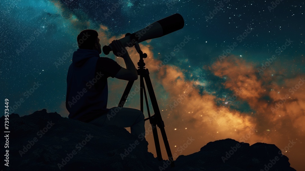 Silhouetted person stargazing with a telescope at night Silhouetted person stargazing with a telescope at night