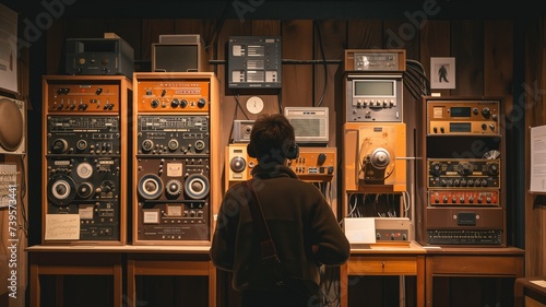 Person observing vintage audio equipment in a museum