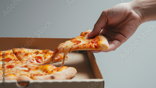 A hand pulling a slice of pepperoni pizza from a delivery box photo