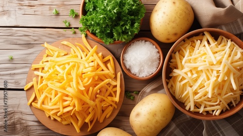 Shredded cheese and potatoes, food preparation photo