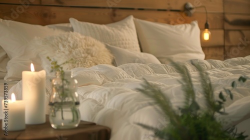 Bed With White Sheets, Pillows, and Candles