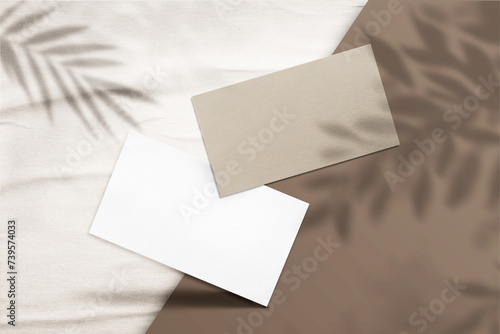 business card moukup paper.Square Paper Mockup with realistic shadows overlays leaf. Shadow Of A Tropical Plant. 