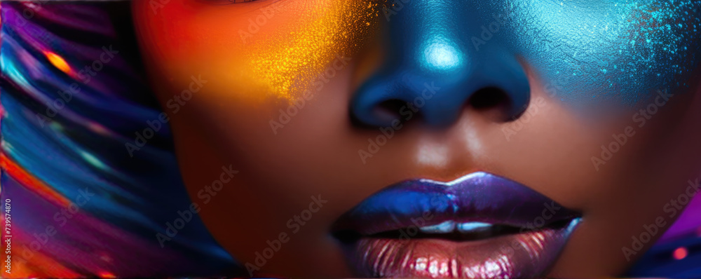 Beauty Africian Girl Face with Colorful make up. Fashion model woman in colorful bright lights Beauty Africian Girl Face with Colorful make up. Fashion model woman in colorful bright lights
