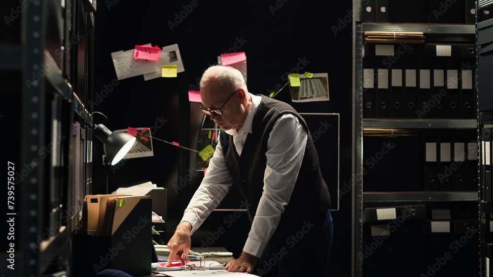 Police officer examining information on files classified records ...