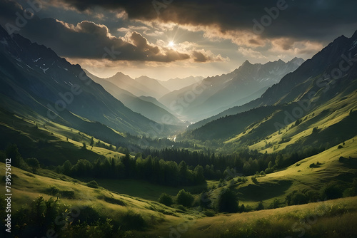 Mountain landscape with meadow and forest at sunset. Dramatic sky. Generative AI