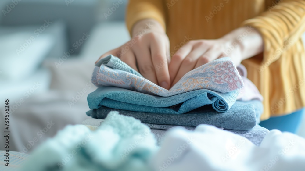Fototapeta premium Hands folding blue towels on a white surface