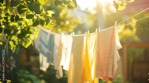 Clothes drying on a line in a sunny garden photo