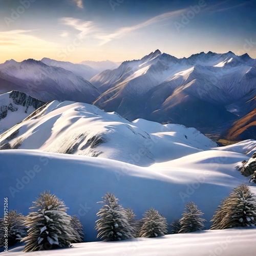 Snow Forest Mountain Tree Landscape Winter natural. A serene winter landscape with a snow covered forest and mountain range, gleaming peaks, snow laden slopes