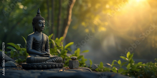 The image showcases a serene Buddha statue in a meditation pose, set against a blurred background of autumnal leaves and soft sunlight, evoking a sense of peace and spirituality.  © Vera