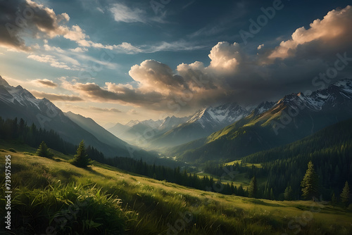 Mountain landscape with meadow and forest at sunset. Dramatic sky. Generative AI