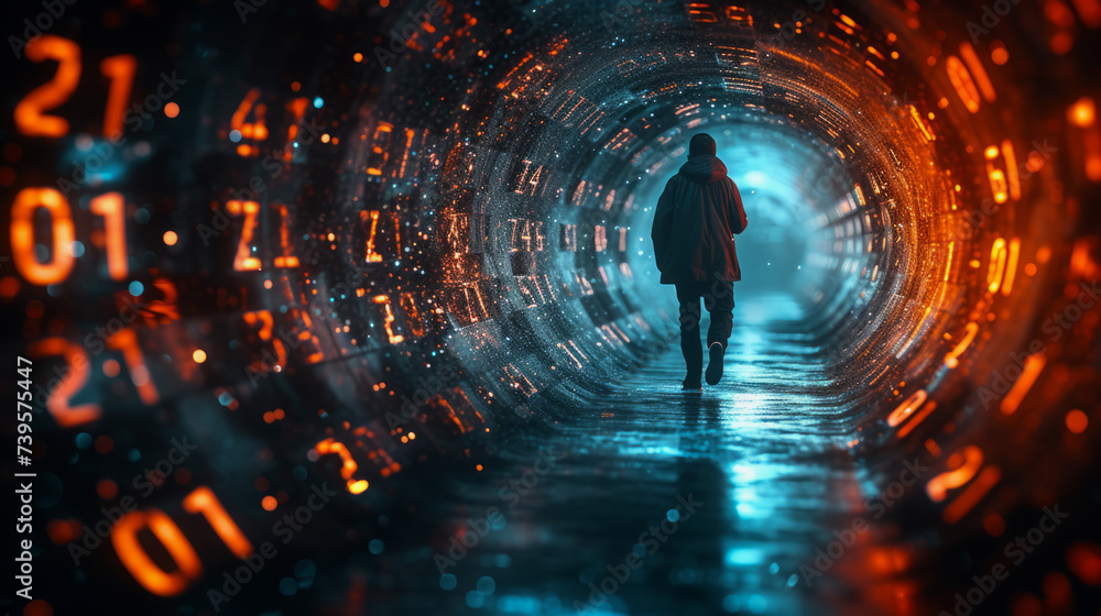 Man is running through abstract numbers. Man is running through abstract numbers.