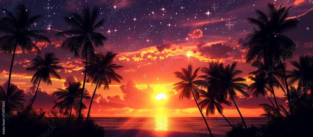 Tropical paradise: stunning sunset over palm trees against vibrant orange sky on a summer evening