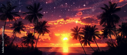 Tropical paradise: stunning sunset over palm trees against vibrant orange sky on a summer evening © TheWaterMeloonProjec