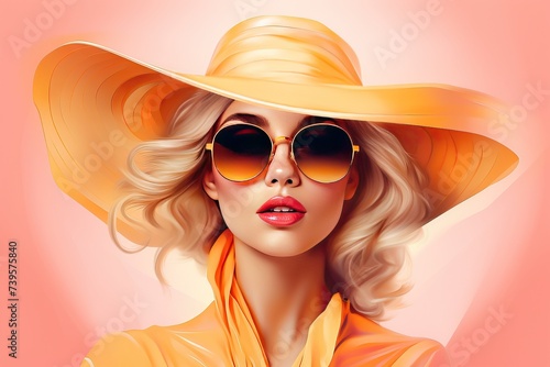 Elegant lady in wide brimmed hat with red lips makeup on orange background. Young and beautiful woman is ready for vacation or party. Retro fashion concept. Banner with copy space. Peach color