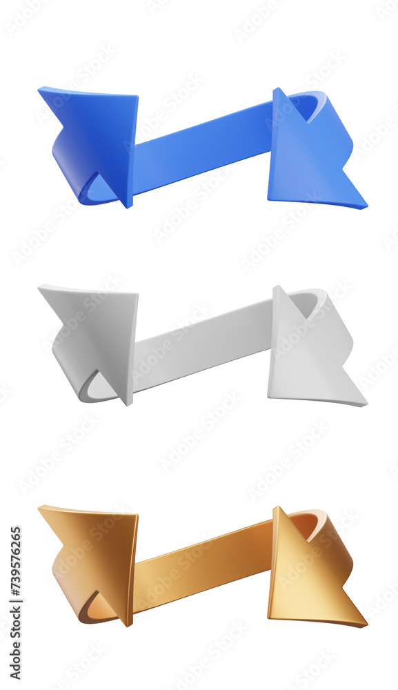 Three stylized arrows in blue, white, and gold colors with a 360-degree twist, set against different backdrops, displayed vertically. 3d rendering Three stylized arrows in blue, white, and gold colors with a 360-degree twist, set against different backdrops, displayed vertically. 3d rendering