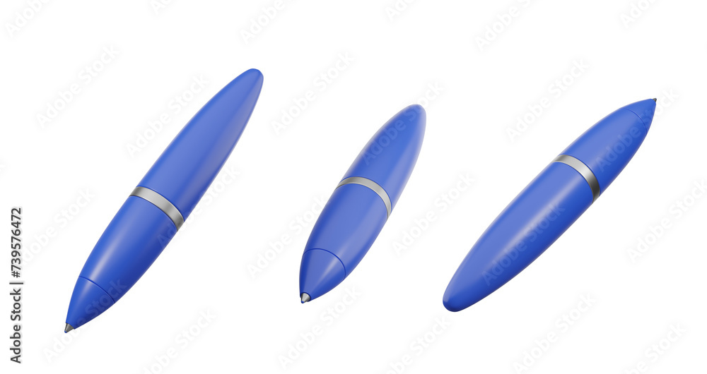 Three views of a blue isolated cartoon pen icon with a transparent design and a geometric background backdrop. 3d rendering