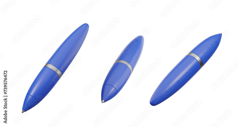 Three views of a blue isolated cartoon pen icon with a transparent design and a geometric background backdrop. 3d rendering Three views of a blue isolated cartoon pen icon with a transparent design and a geometric background backdrop. 3d rendering
