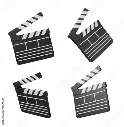 Four cartoon clapperboards with different orientations on a striped background. 3d rendering photo