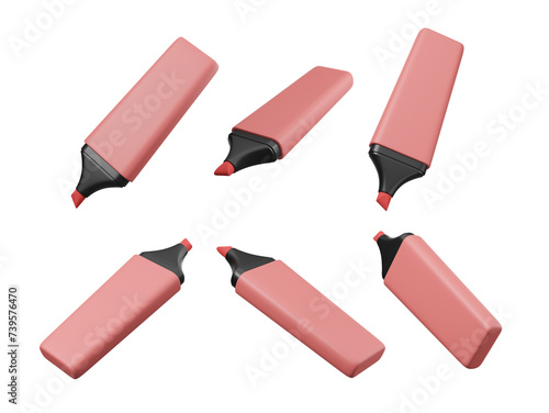 A cartoon design of pink markers with black tips against a striped, colorful background. 3d rendering