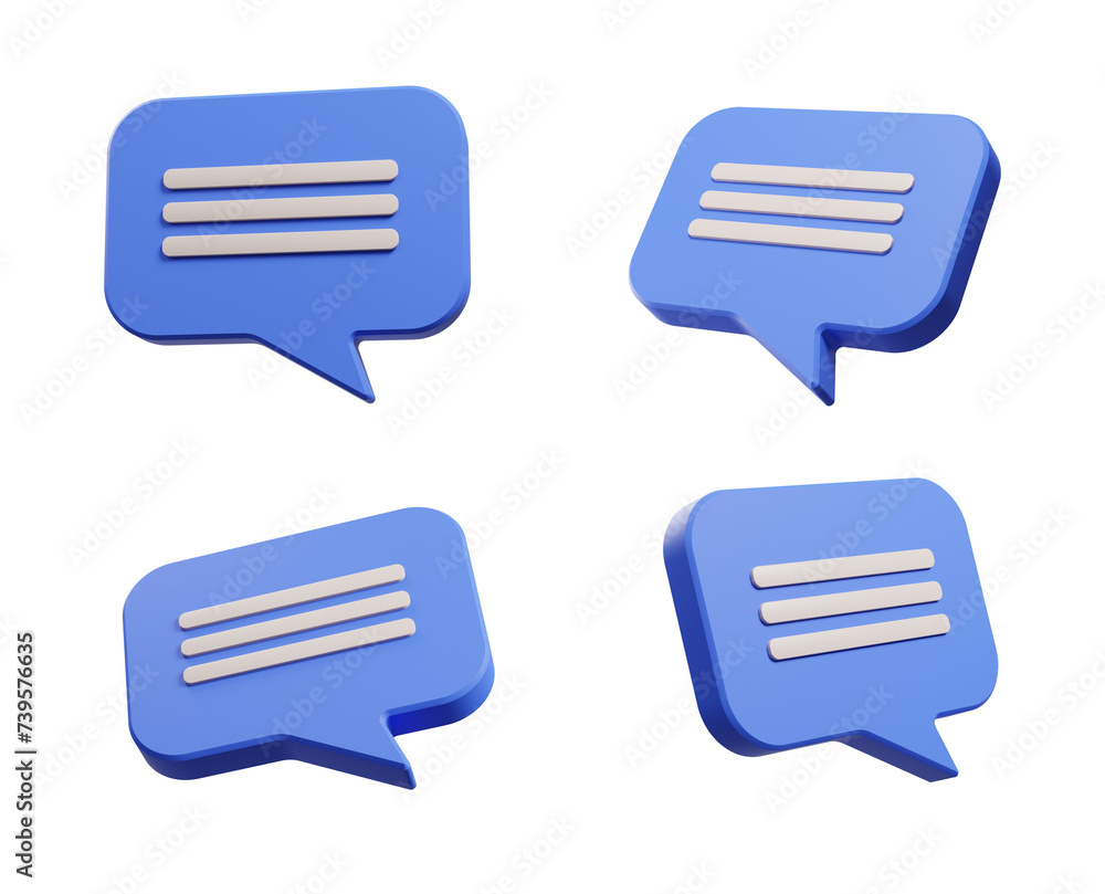 Four variations of a blue, cartoon-style speech bubble icon, against a transparent background. 3d rendering Four variations of a blue, cartoon-style speech bubble icon, against a transparent background. 3d rendering