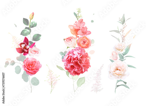 Colorful valentines day vertical garlands. Bright pink rose, hot pink hydrangea, coral peachy ranunculus, magenta orchid