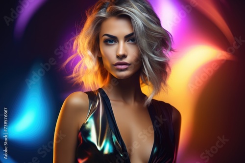 Fashion portrait of beautiful blonde woman in evening dress on colorful background