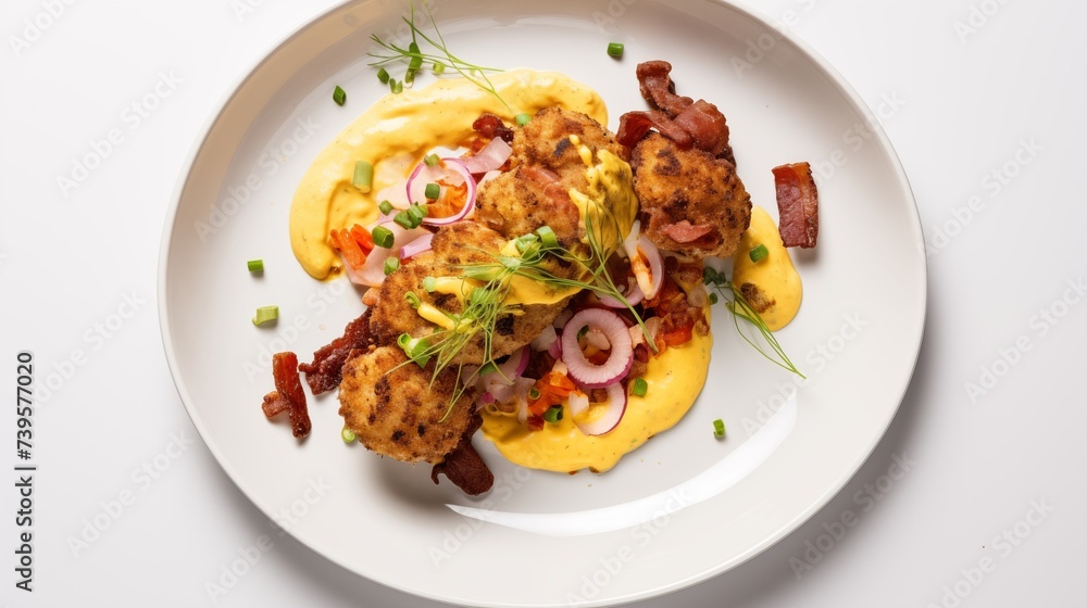 Chestnut & chili dough-wrapped scrambled eggs & lamb bacon paired with melted cheddar, sumac onions, tater tots, pickled jalapeno, and chipotle aioli Chestnut & chili dough-wrapped scrambled eggs & lamb bacon paired with melted cheddar, sumac onions, tater tots, pickled jalapeno, and chipotle aioli