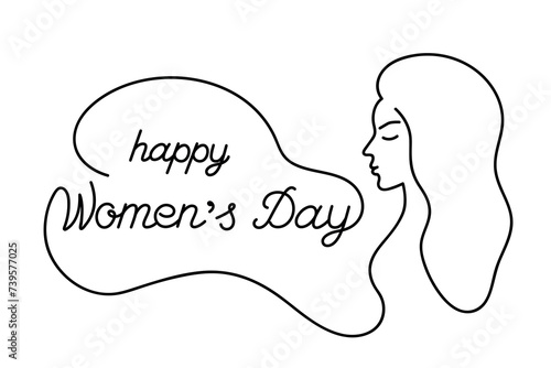 Happy Women's Day continuous line drawing with woman silhouette, black line vector illustration, editable stroke, decorative art