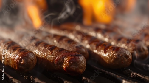 Juicy sausages grilling over an open flame