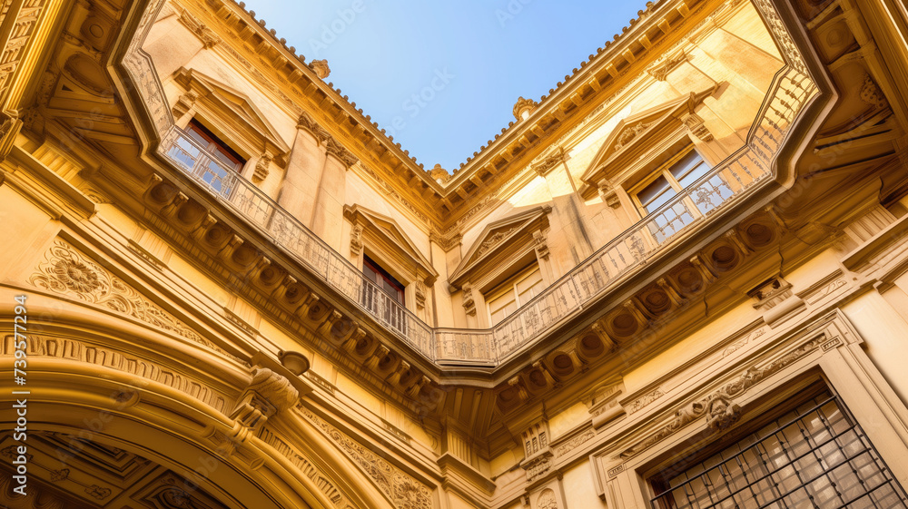 A look up view of a classical architecture building's corner against a blue sky