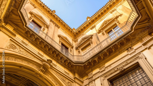 A look up view of a classical architecture building's corner against a blue sky