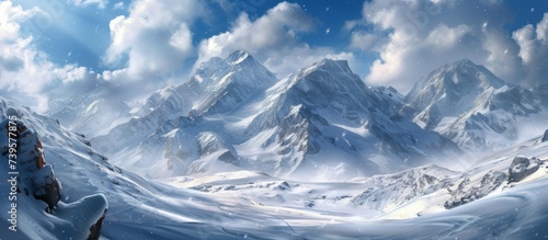 Majestic snow covered mountain peak in a serene winter landscape beauty