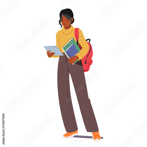Focused Student Girl, Engrossed In Tablet, Demonstrates Digital Literacy And Modern Learning, Vector Illustration