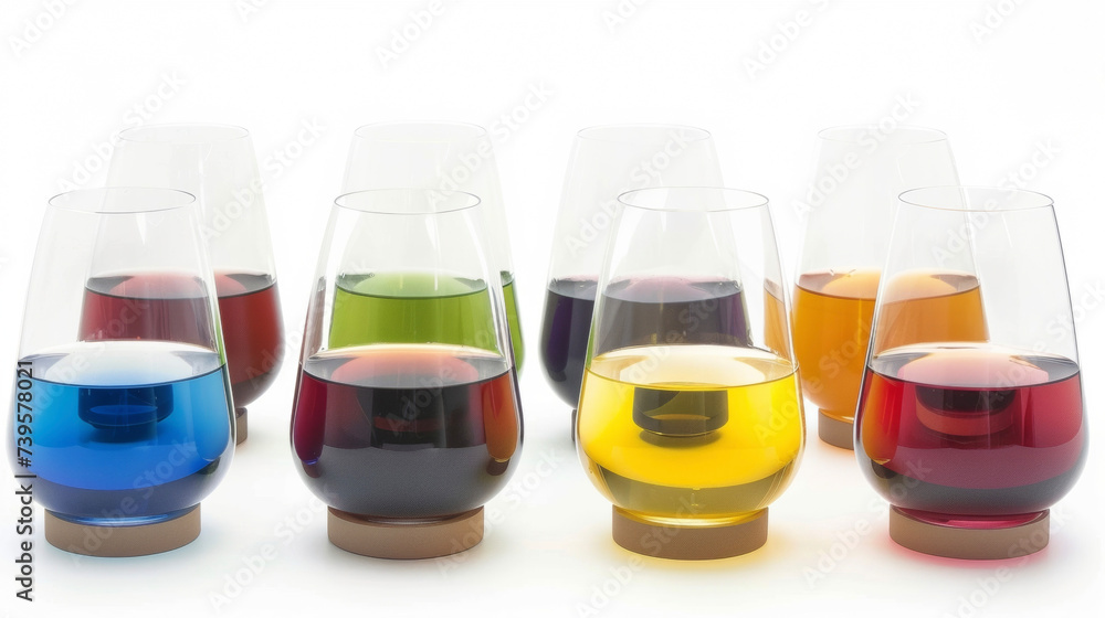 A set of crystal stemless wine gles each with a different colored base adding a vibrant touch to any tabletop. A set of crystal stemless wine gles each with a different colored base adding a vibrant touch to any tabletop.