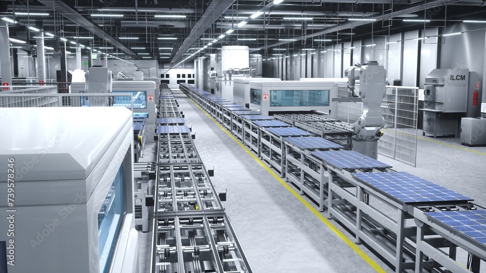 Robotic arms in cutting edge solar panel factory handling photovoltaic modules in high tech automation process. PV cells manufactured in sustainable facility, 3D animation