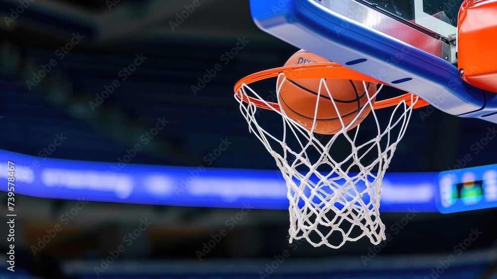 Basketball hoop with ball going through the net