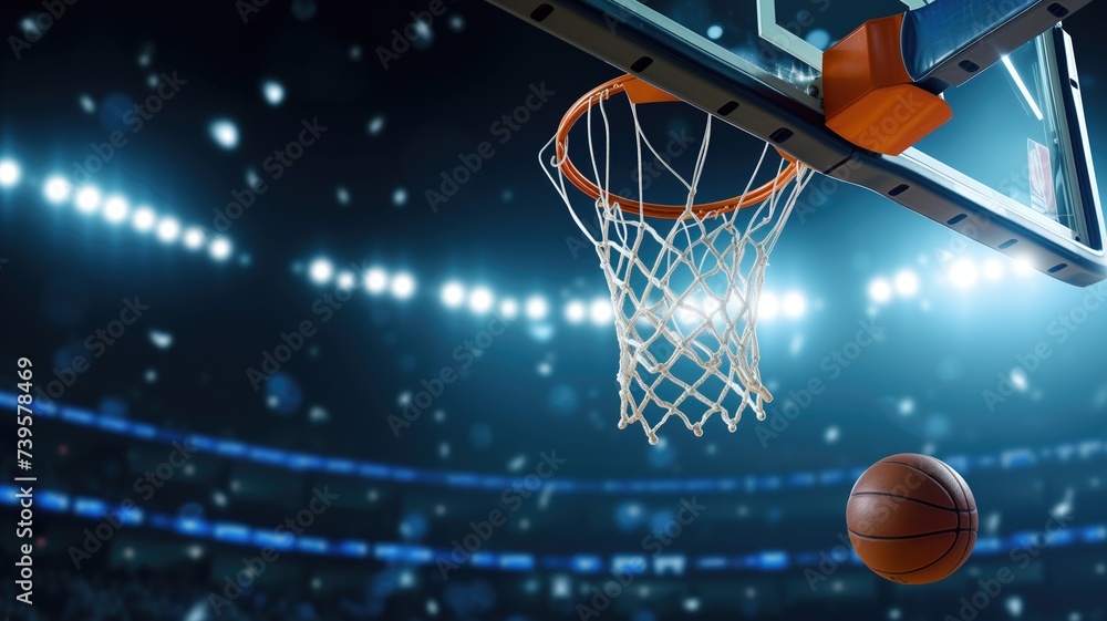 Obraz premium Basketball nearing the hoop in a dynamic arena setting