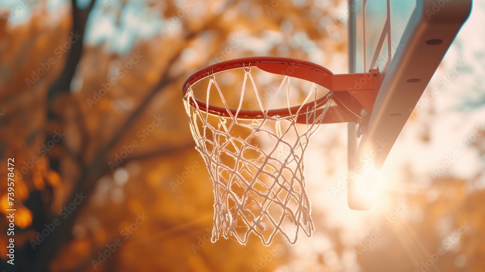 Sunlit basketball hoop with autumn leaves in the background