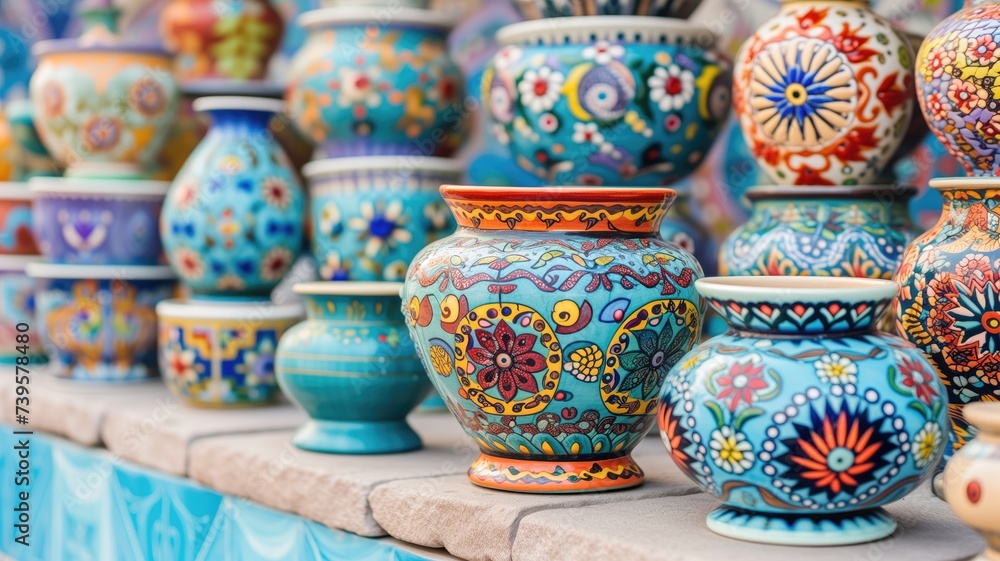 Colorful ceramic pots with intricate designs