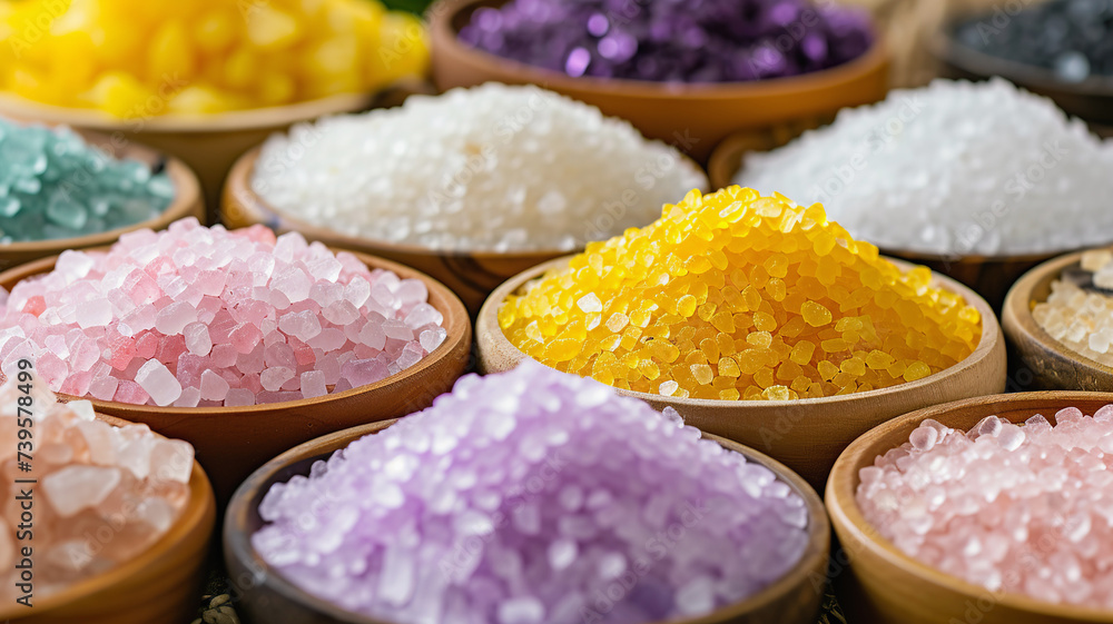 Colorful artisanal bath salts in wooden bowls Colorful artisanal bath salts in wooden bowls