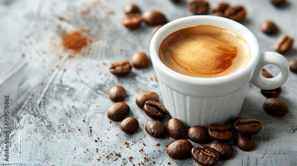 Coffee cup placed to the coffee beans. On the white table in day light. From the top Coffee cup placed to the coffee beans. On the white table in day light. From the top