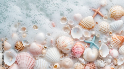 Seashells and starfish on sand with foam