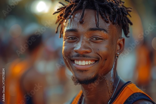 A joyful man with wet dreadlocks and a warm smile stands outdoors, his face glowing with contentment as his clothing glistens in the sunlight photo