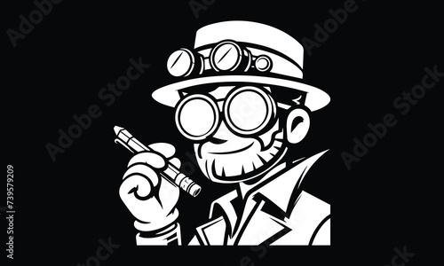 illustration of a man with a pen gole and cap black and white photo