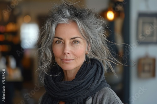 A stylish woman exudes warmth and grace as she smiles against a wall, her grey hair and shawl adding a touch of elegance to her winter attire photo
