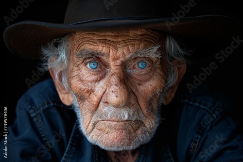A weathered portrait of an elderly man  his wrinkled face adorned with a sun hat and piercing blue eyes  evoking a sense of timelessness and wisdom