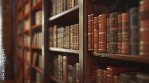 A bookshelf filled with numerous books in a library, with a shallow depth of field.
