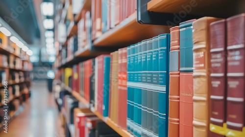A bookshelf filled with numerous books in a library, with a shallow depth of field. photo