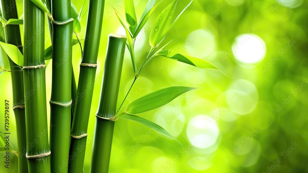 Obraz premium Bamboo stalks with green leaves and soft background