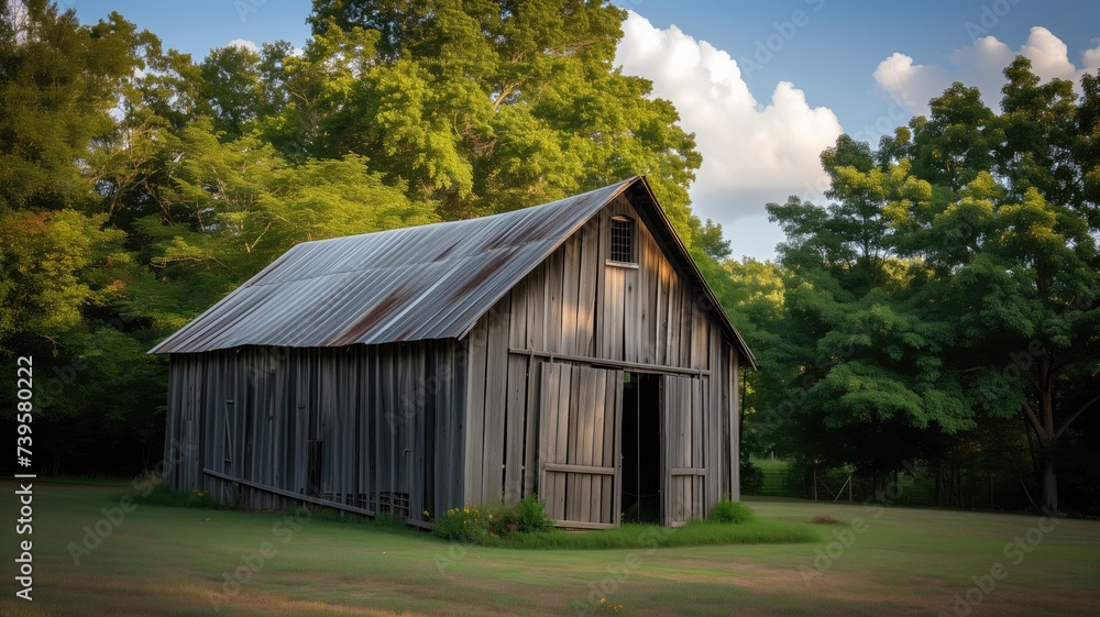 Old barn in a green field with trees Old barn in a green field with trees